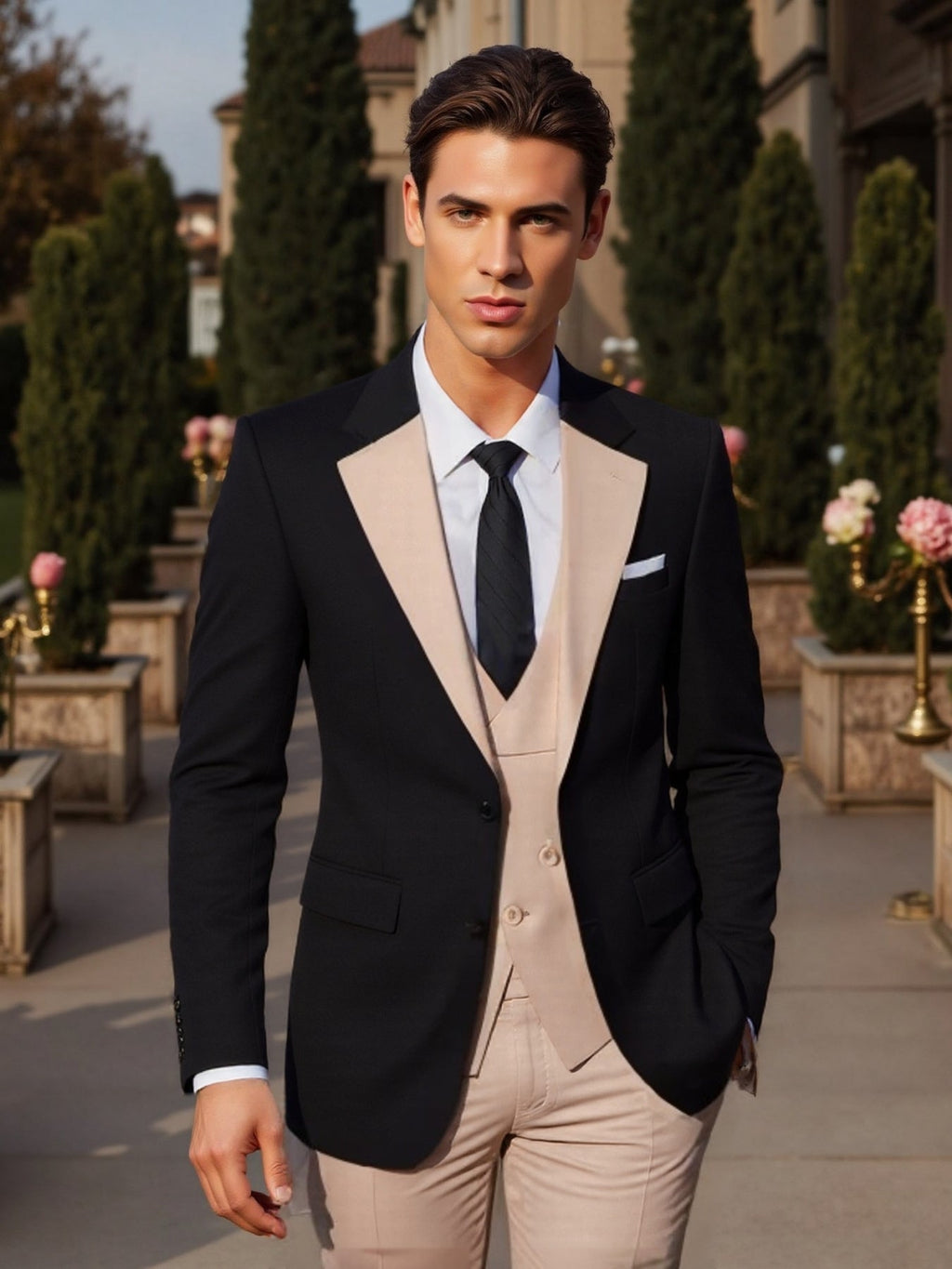 SHOWLU Men's 3-Piece Slim Fit Wedding Tuxedo with jacket, vest, and pants, featuring classic formal black suit for special occasions