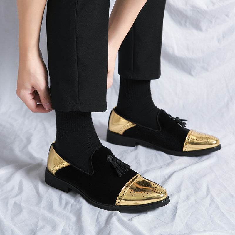 Green and golden SHOWLU men's brogue loafers, slip-on formal dress shoes with intricate brogue detailing and stylish design.