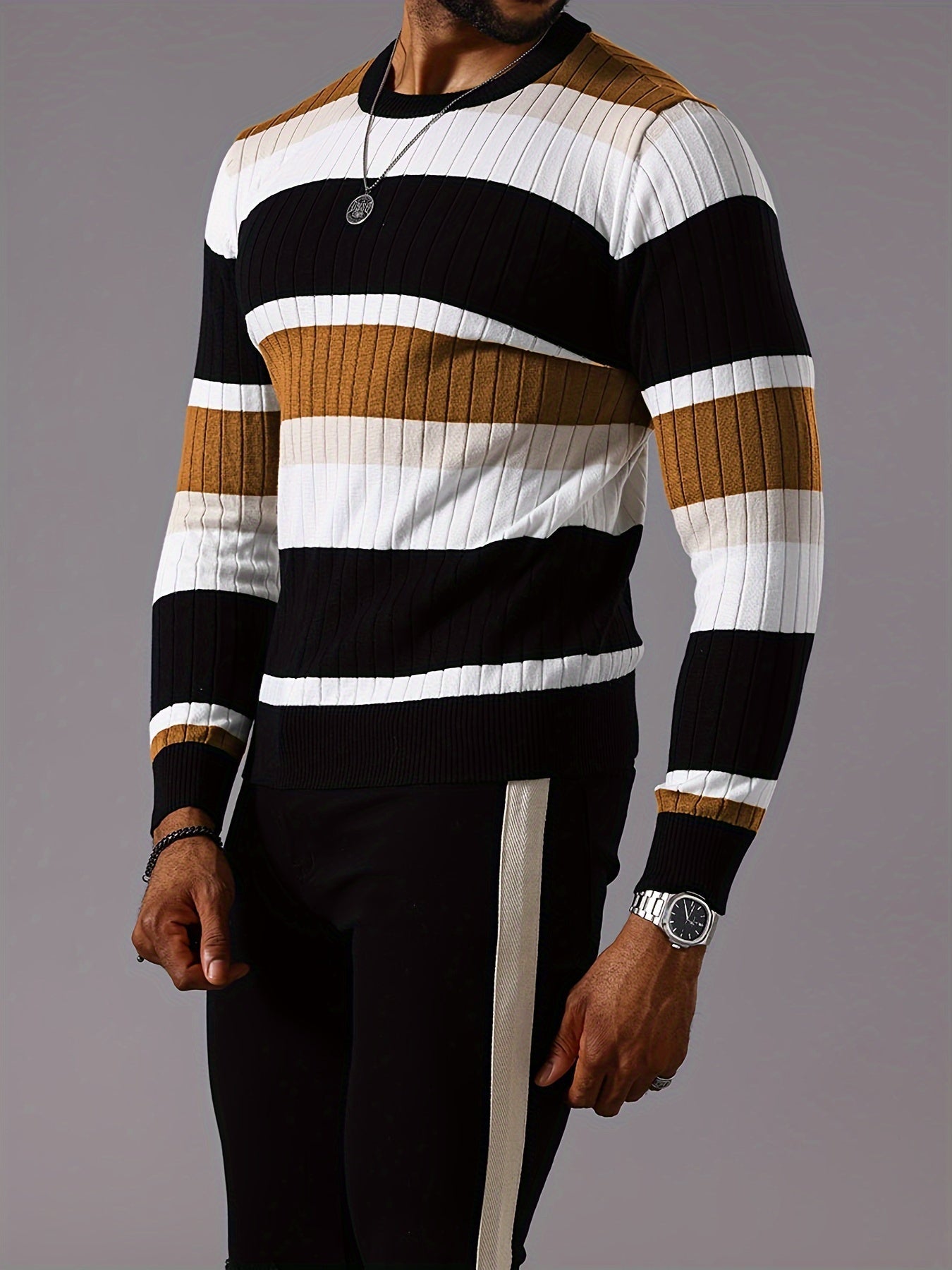 Men's striped ribbed knit sweater with long sleeves and crew neck, stylish crewneck pullover by SHOWLU FASHION STORE