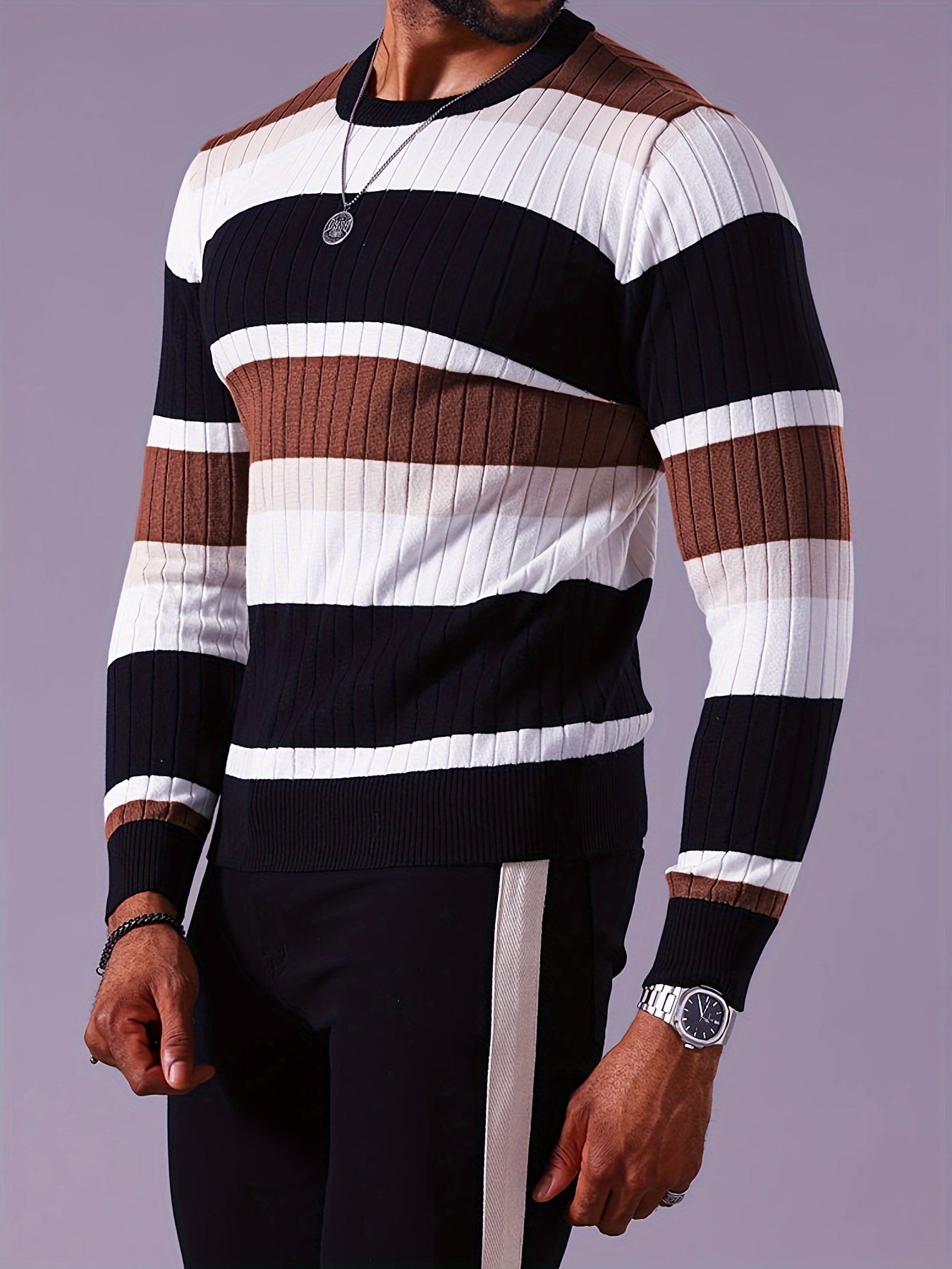 SHOWLU Men's striped ribbed knit sweater with long sleeves and crew neck, featuring a stylish, fitted design.