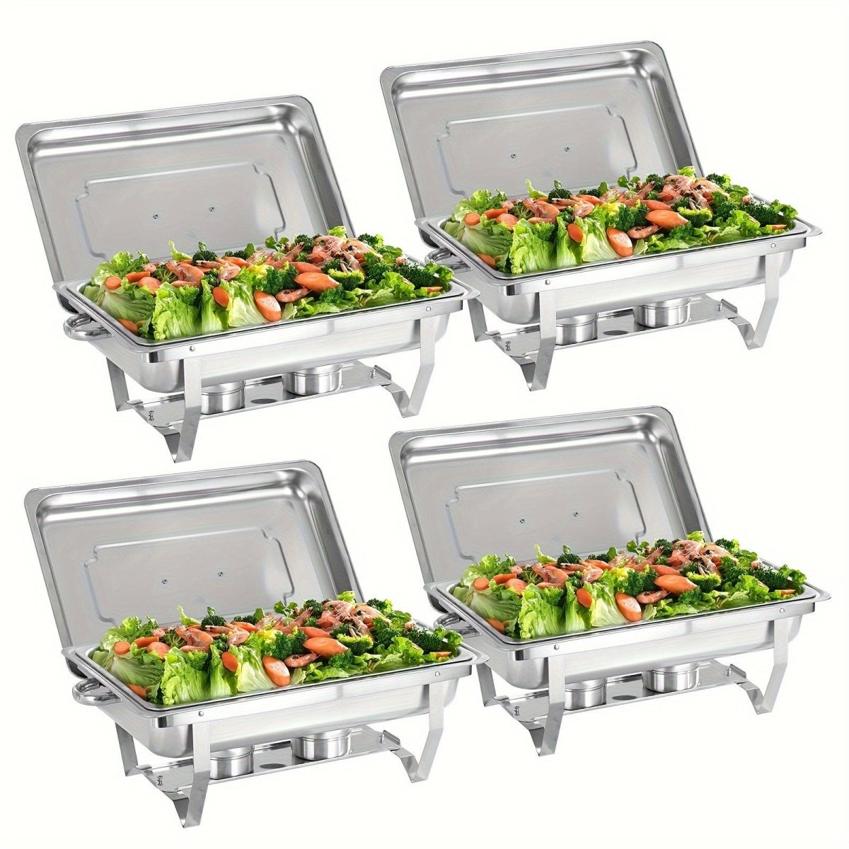 Showlu Stainless Steel Chafing Dish Set with lids, fuel holders, and durable pans for buffet and catering use.