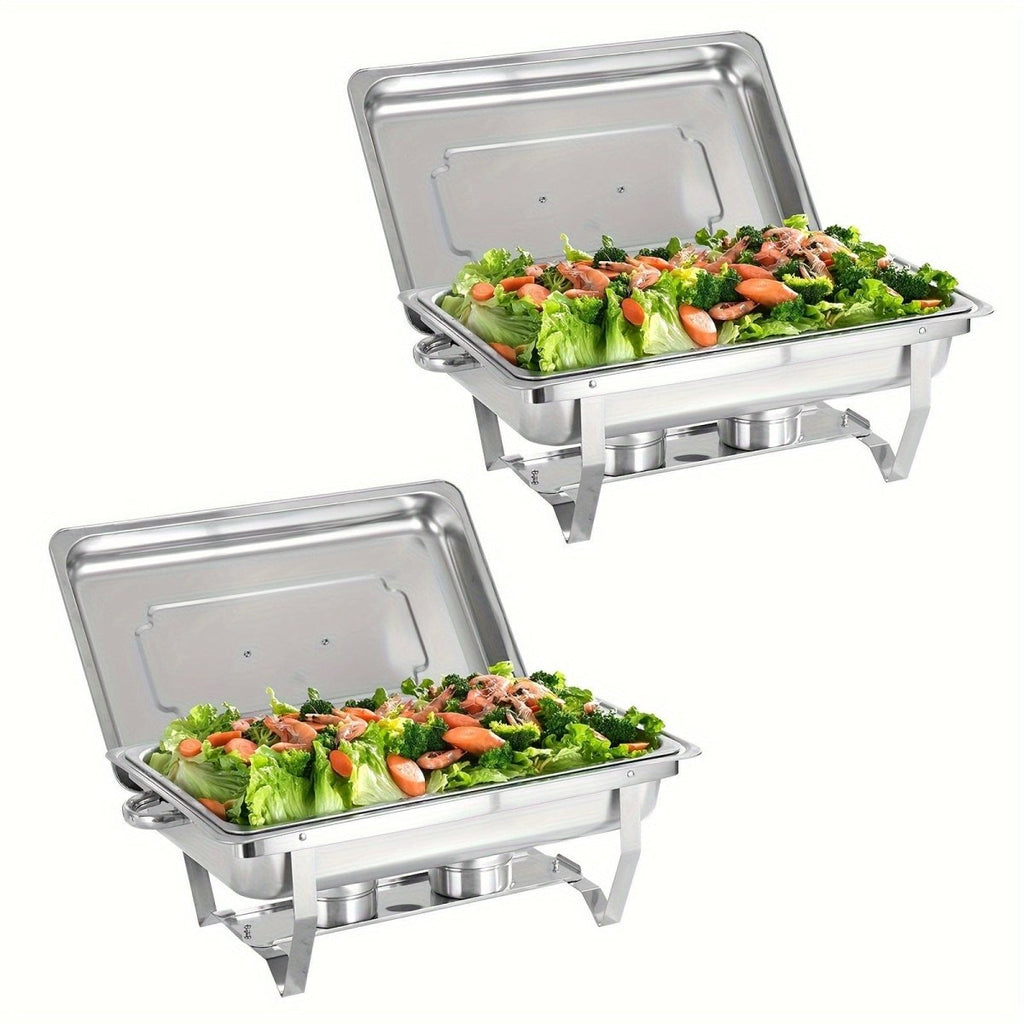 Showlu Stainless Steel Chafing Dish Set with lids, 8QT rectangle buffet warmer, durable pans, and fuel holders for elegant catering.