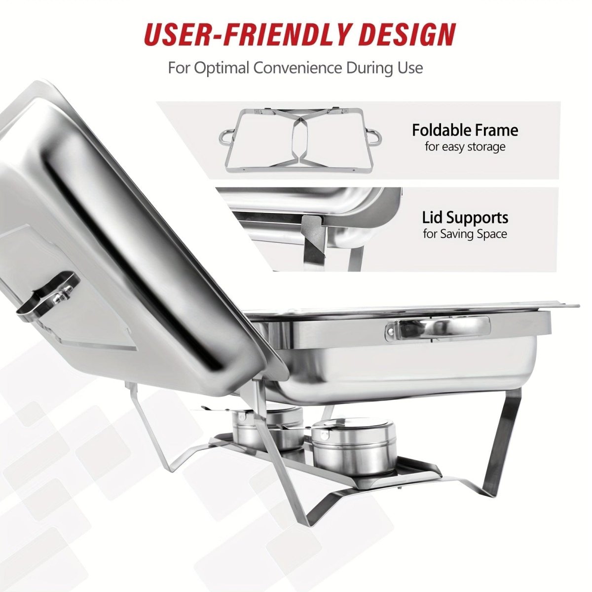 Showlu stainless steel 8QT rectangle chafing dish set with lids, fuel holders, and durable pans for buffet food service.