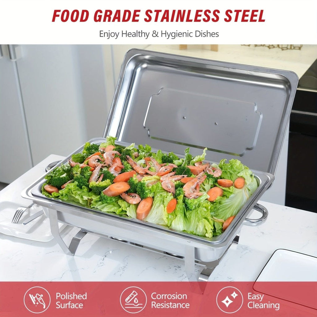 Showlu Stainless Steel Chafing Dish Set with two 8QT rectangular food pans, lids, fuel holders, perfect for buffet service.