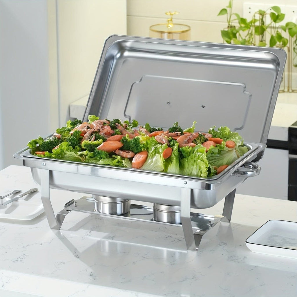 Showlu stainless steel 8QT rectangle chafing dish set with lids and fuel holders, ideal for buffet and catering presentation.