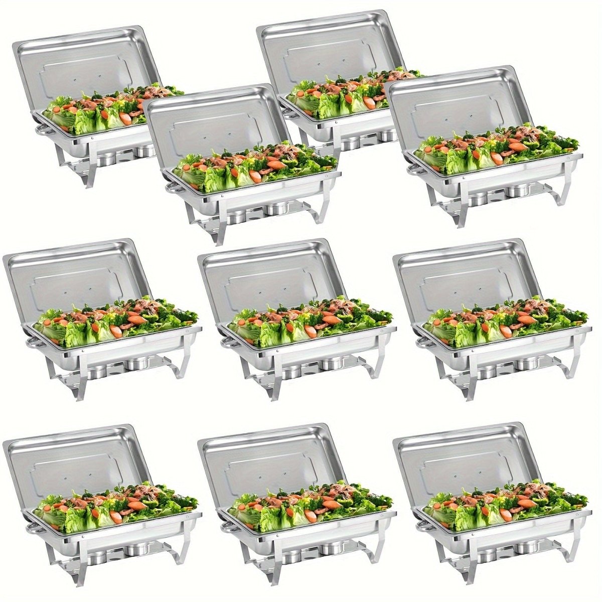 Showlu stainless steel 8QT rectangle chafing dish set with lids, fuel holders, and durable pans for elegant buffet service.