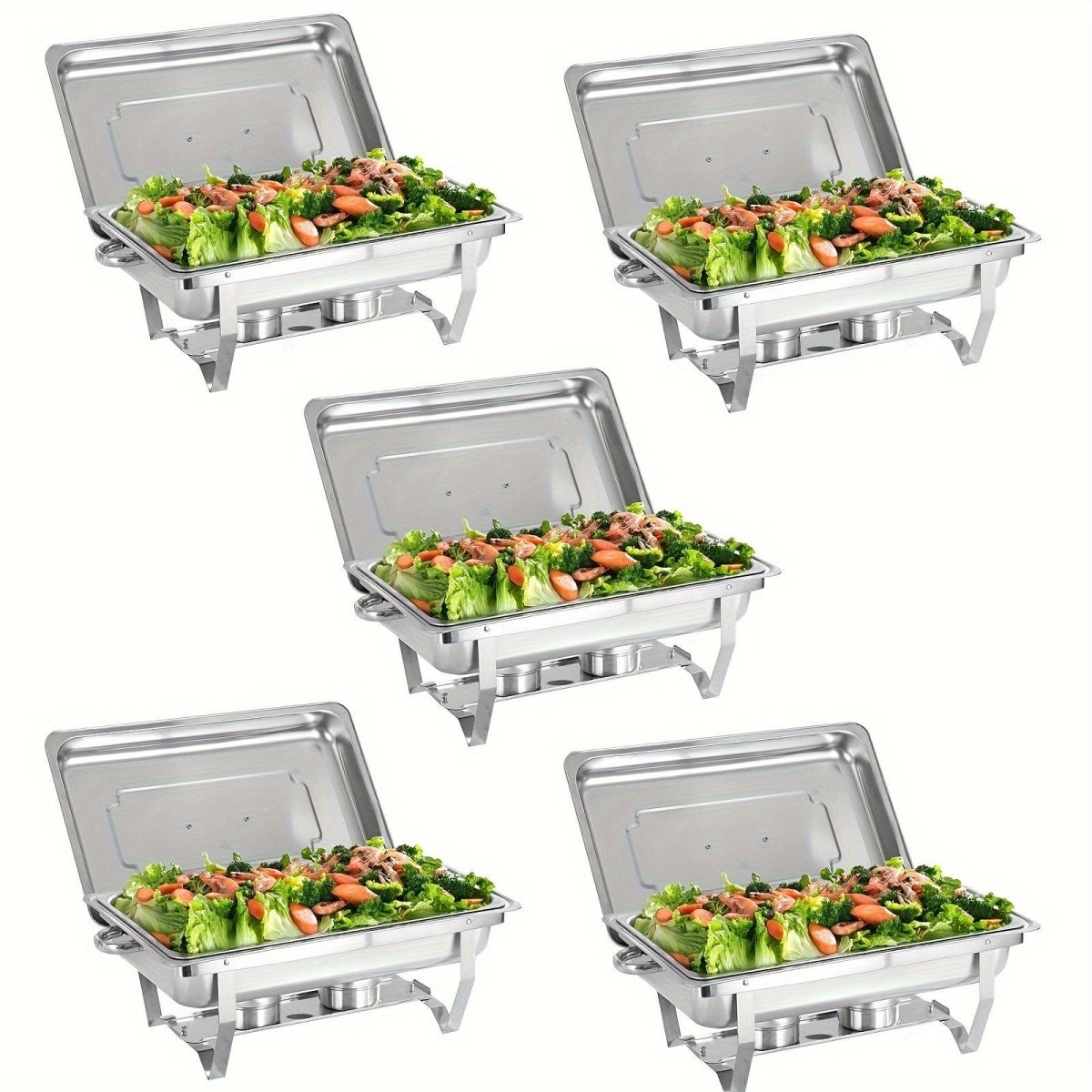 Showlu stainless steel 8QT rectangle chafing dish set with lids, fuel holders, and durable pans for buffet catering and elegant serving.