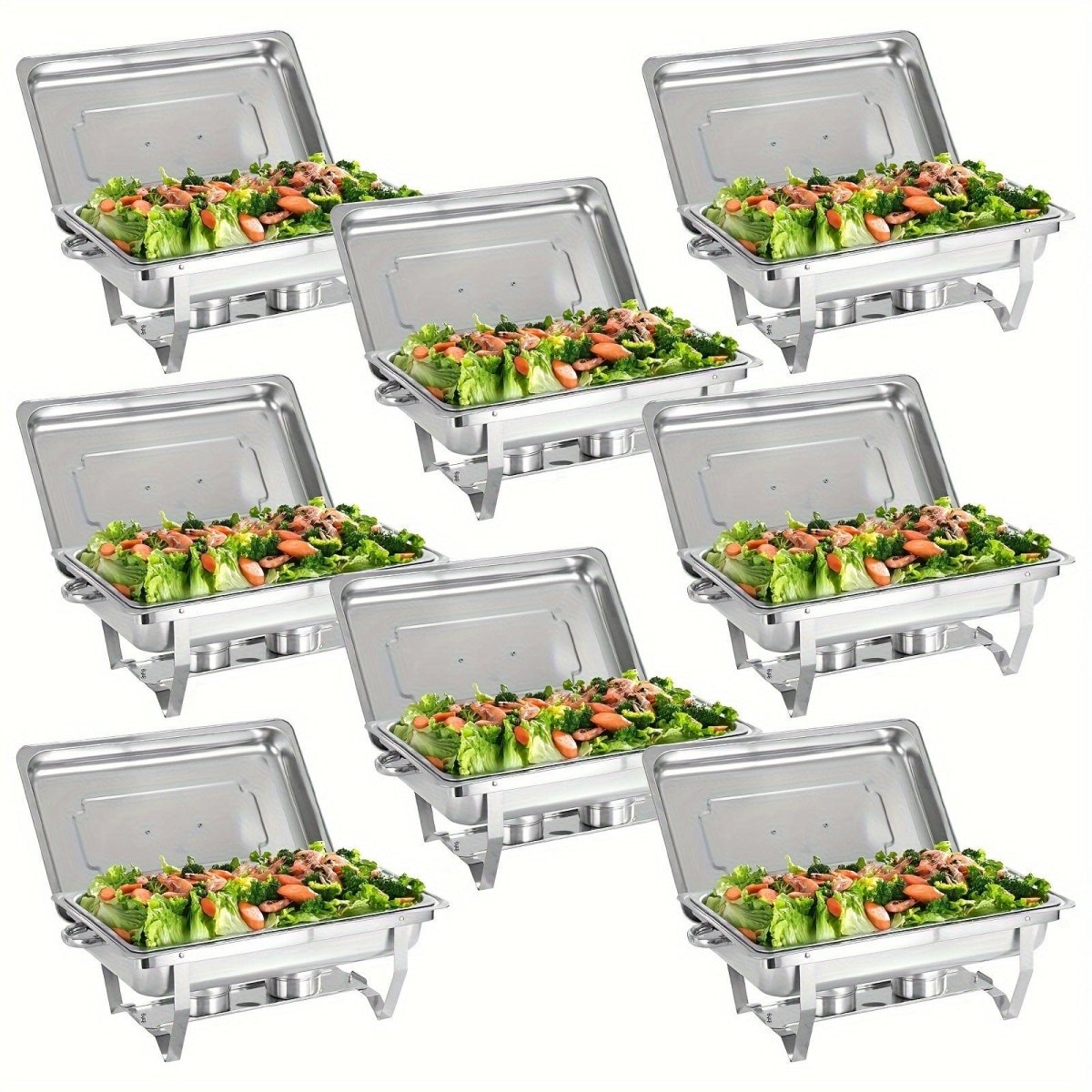 Showlu Stainless Steel Chafing Dish Set with 8QT rectangular buffet warmer, lids, durable pans, and fuel holders for catering.