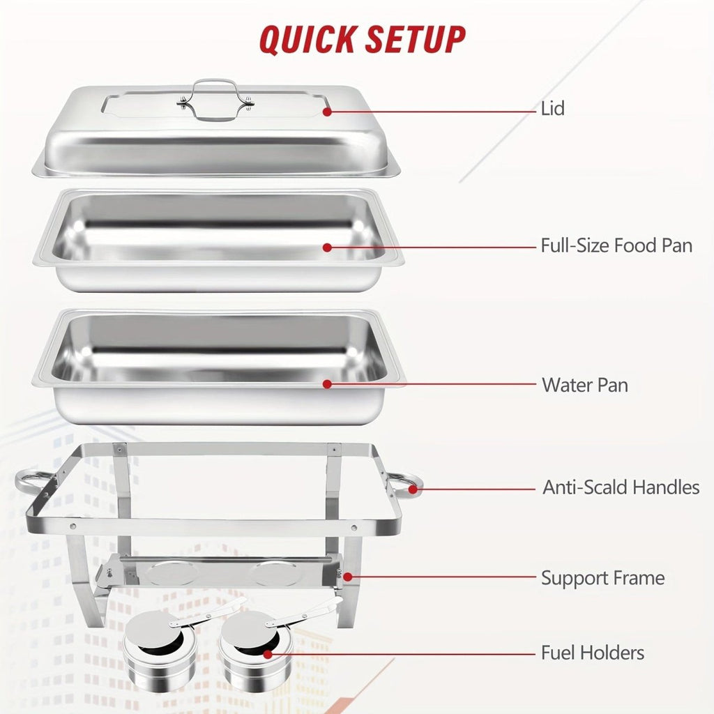 Showlu Stainless Steel Chafing Dish Set with lids, 8QT rectangle buffet warmer, durable pans, and fuel holders for catering.