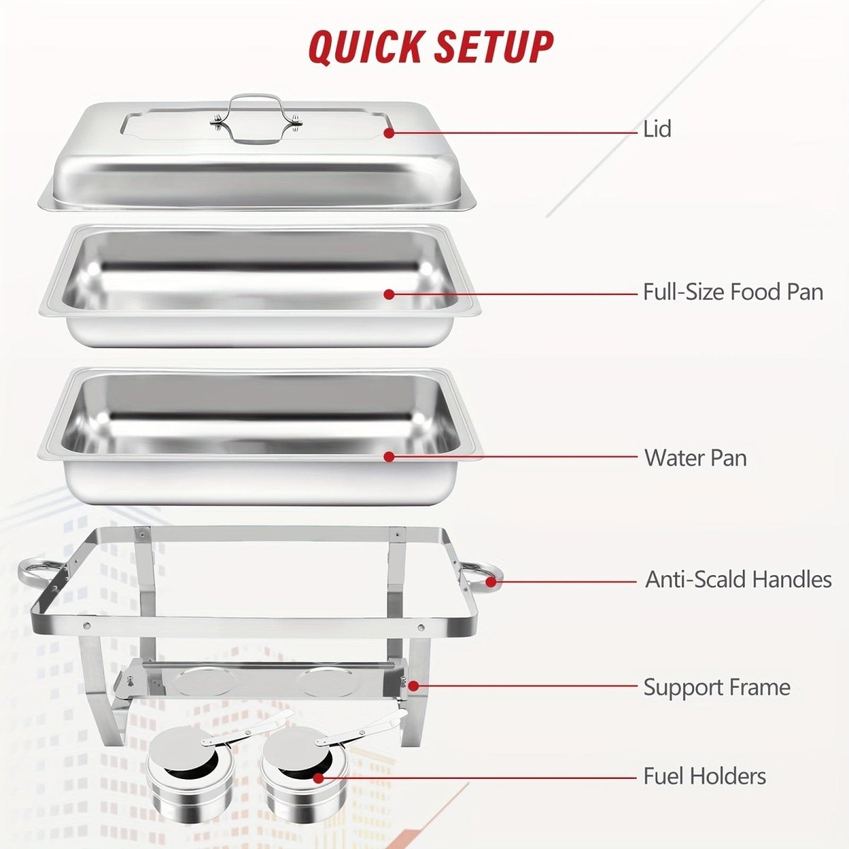 Showlu Stainless Steel Chafing Dish Set with lids, 8QT rectangle buffet warmer, durable pans, and fuel holders for catering.