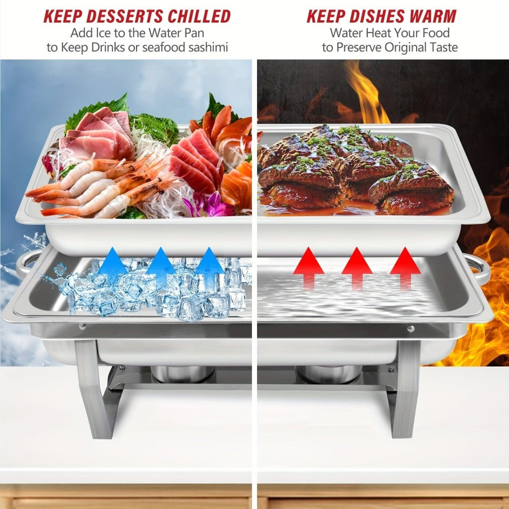 Showlu Stainless Steel Chafing Dish Set with 8QT rectangle buffet warmer, lids, durable pans, and fuel holders for elegant catering.