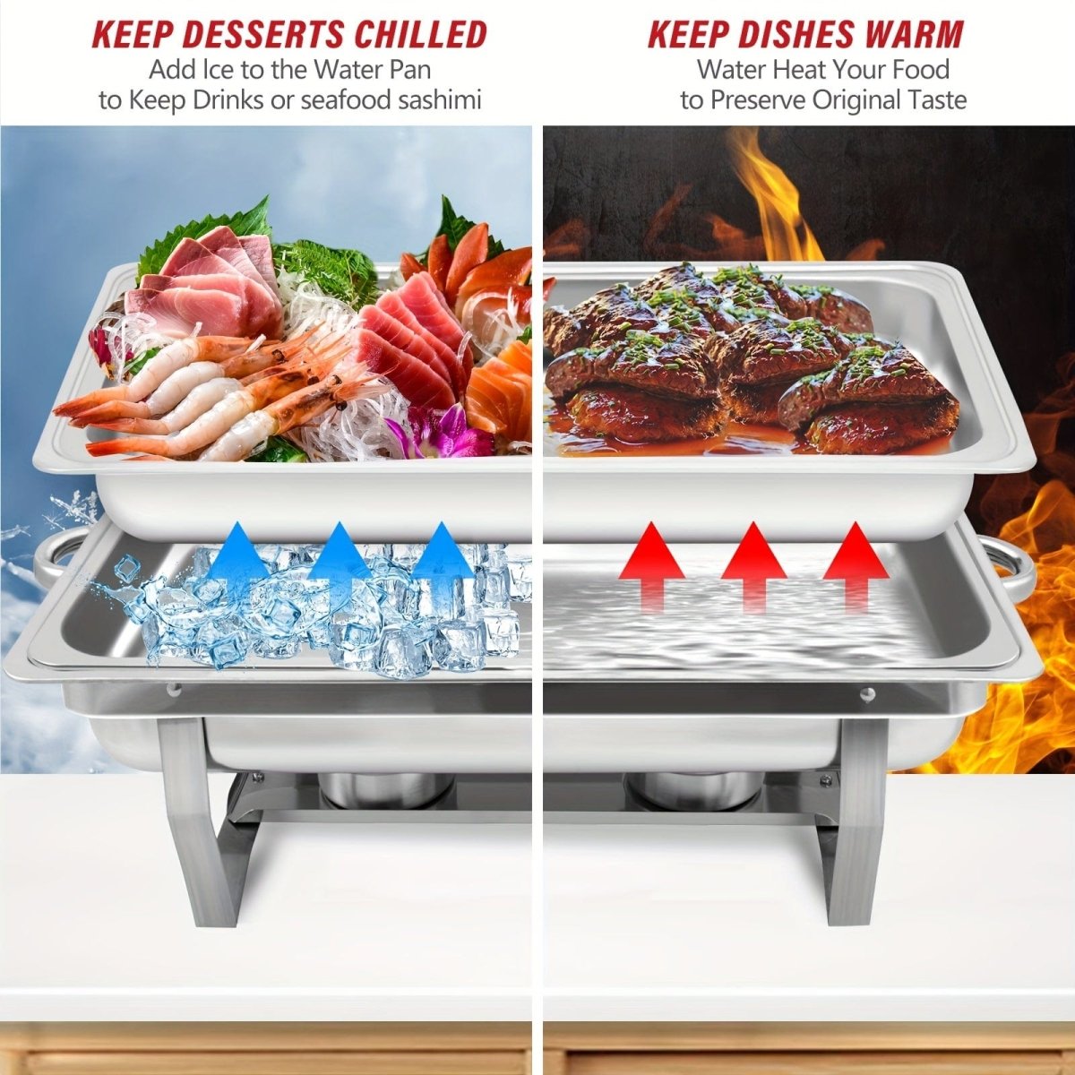 Showlu Stainless Steel Chafing Dish Set with 8QT rectangle buffet warmer, lids, durable pans, and fuel holders for elegant catering.