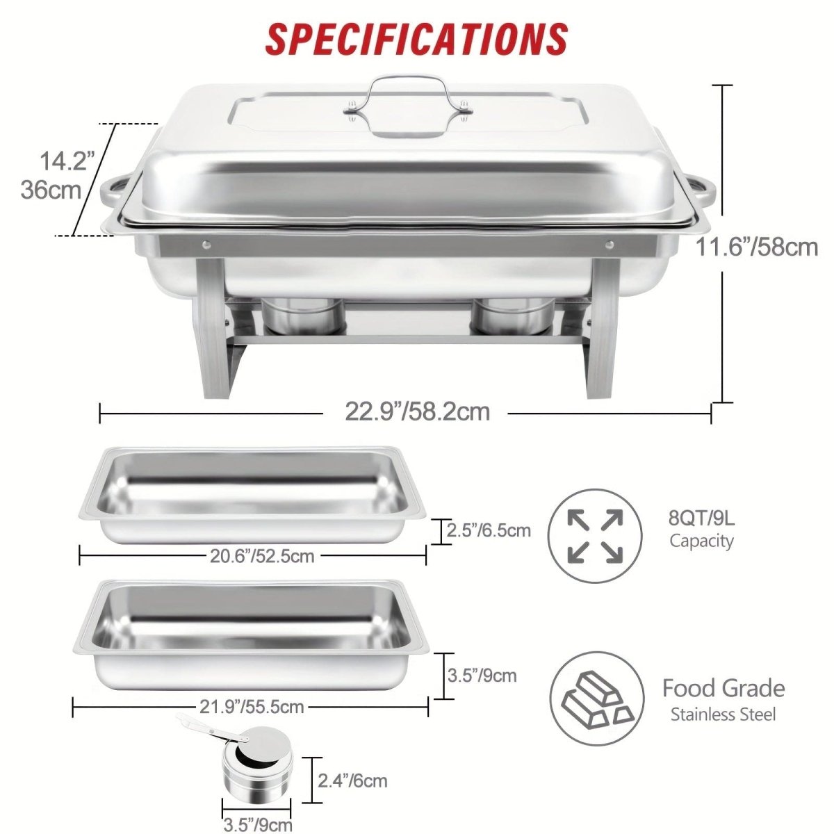 Showlu stainless steel 8QT rectangle chafing dish set with lids, fuel holders, and durable pans for buffet catering.