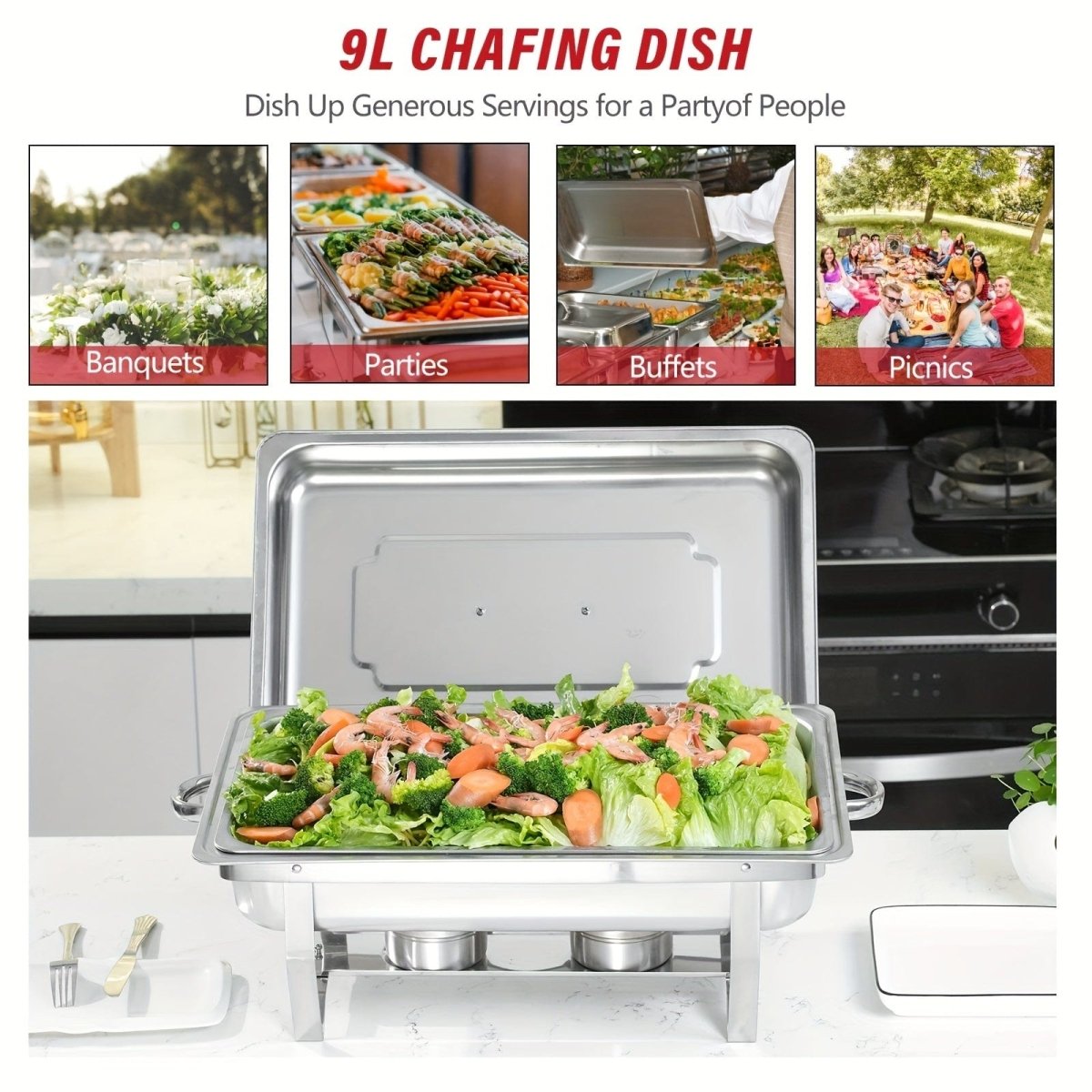 Showlu Stainless Steel Chafing Dish Set with 8QT rectangular buffet warmer, lids, durable pans, and fuel holders for catering events.