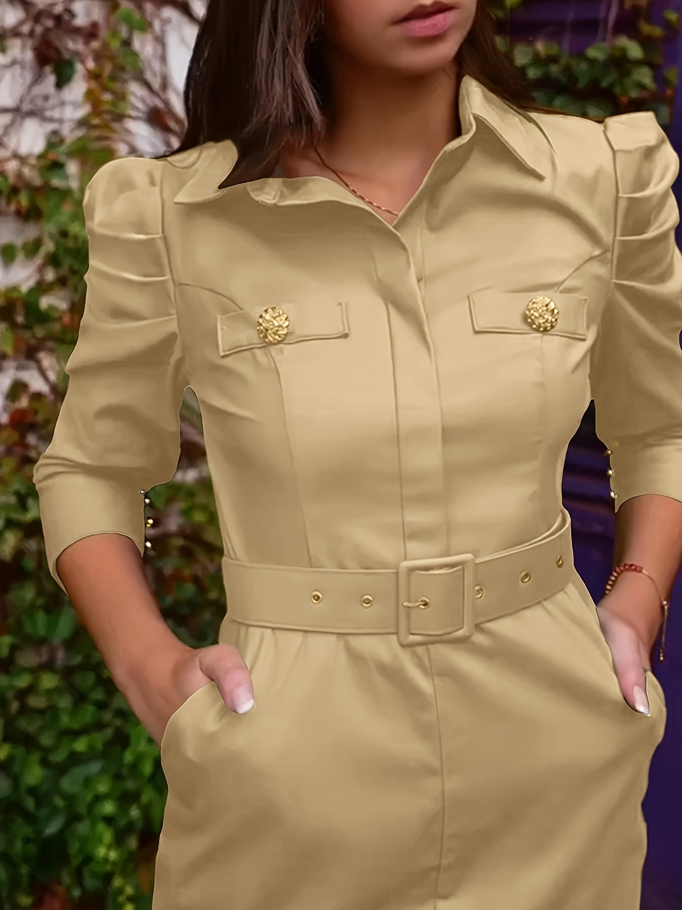 Women's Slim Fit Mid-Calf Dress with Turn- Collar, Long Sleeve Button Detail & Front Slit - Beige Polyester Bodycon for Work or Casual Outings SHOWLU FASHION STORE