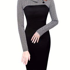 Women'S Elegant Black and Beige Color Block Pencil Dress - Slim Fit, Long Sleeve, Round Neck with Button Detail, Perfect for Spring/Summer, Adult Fashion, Elegant Attire|Sleek Fitted Design|Polyester Fabric