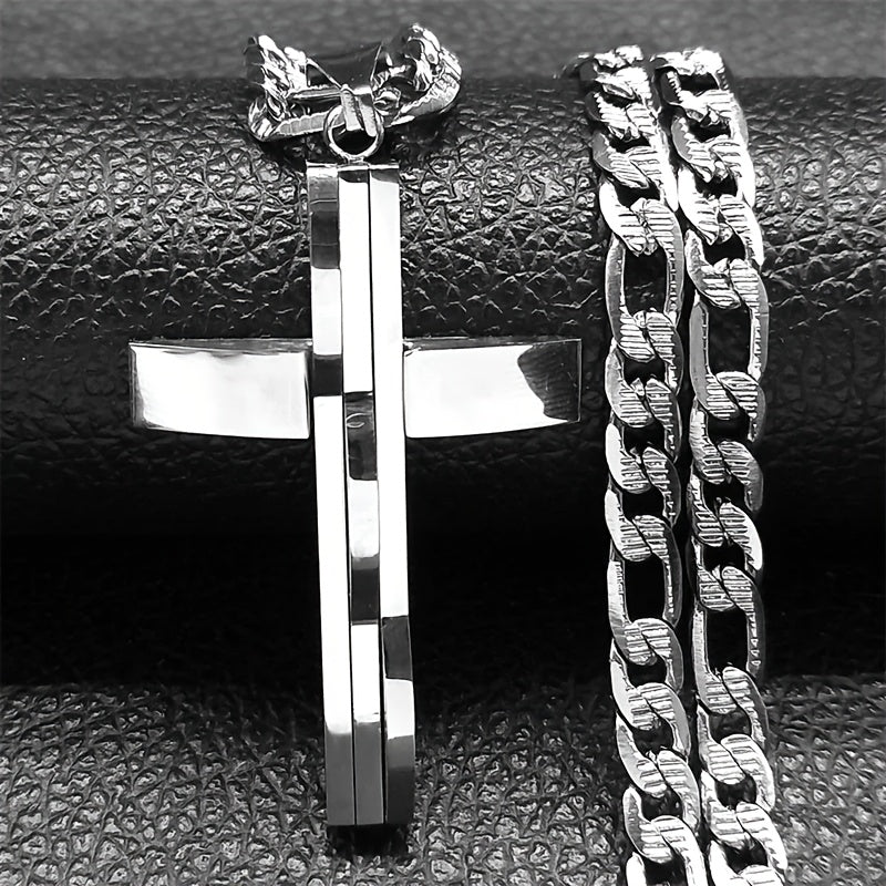 Showlu Men's layered cross necklace with 18K gold plated stainless steel, featuring multiple chain layers and a cross pendant.
