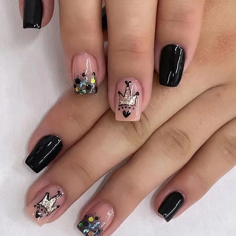 Showlu Fashion Store 0 24Pcs Short Square False Nails with Jelly Adhesive Glitter Gradient Design Detachable Fake Fingernails Full Cover Press on Nails