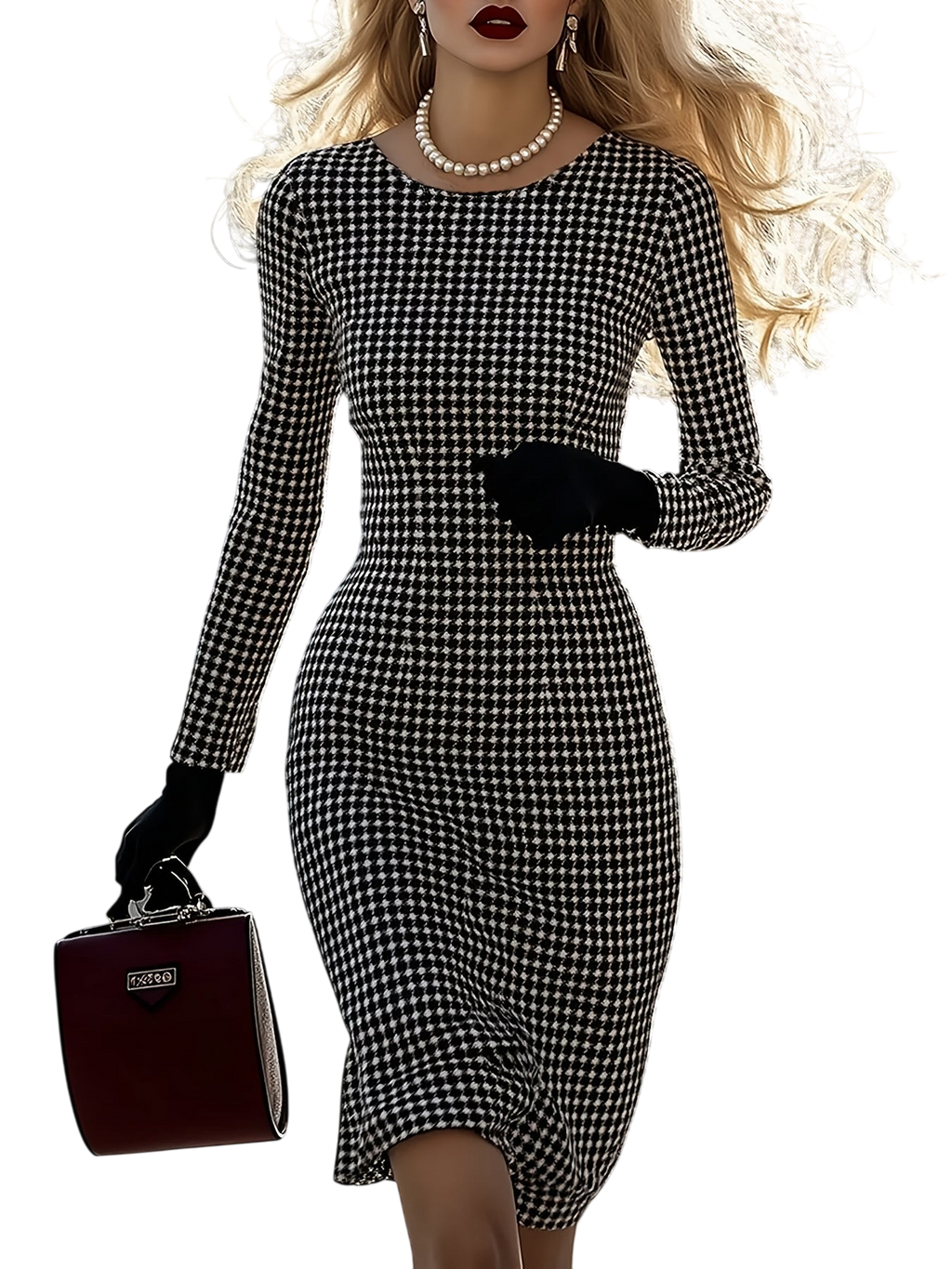 SHOWLU FASHION women's black and white houndstooth long sleeve dress with a classic pattern and tailored fit