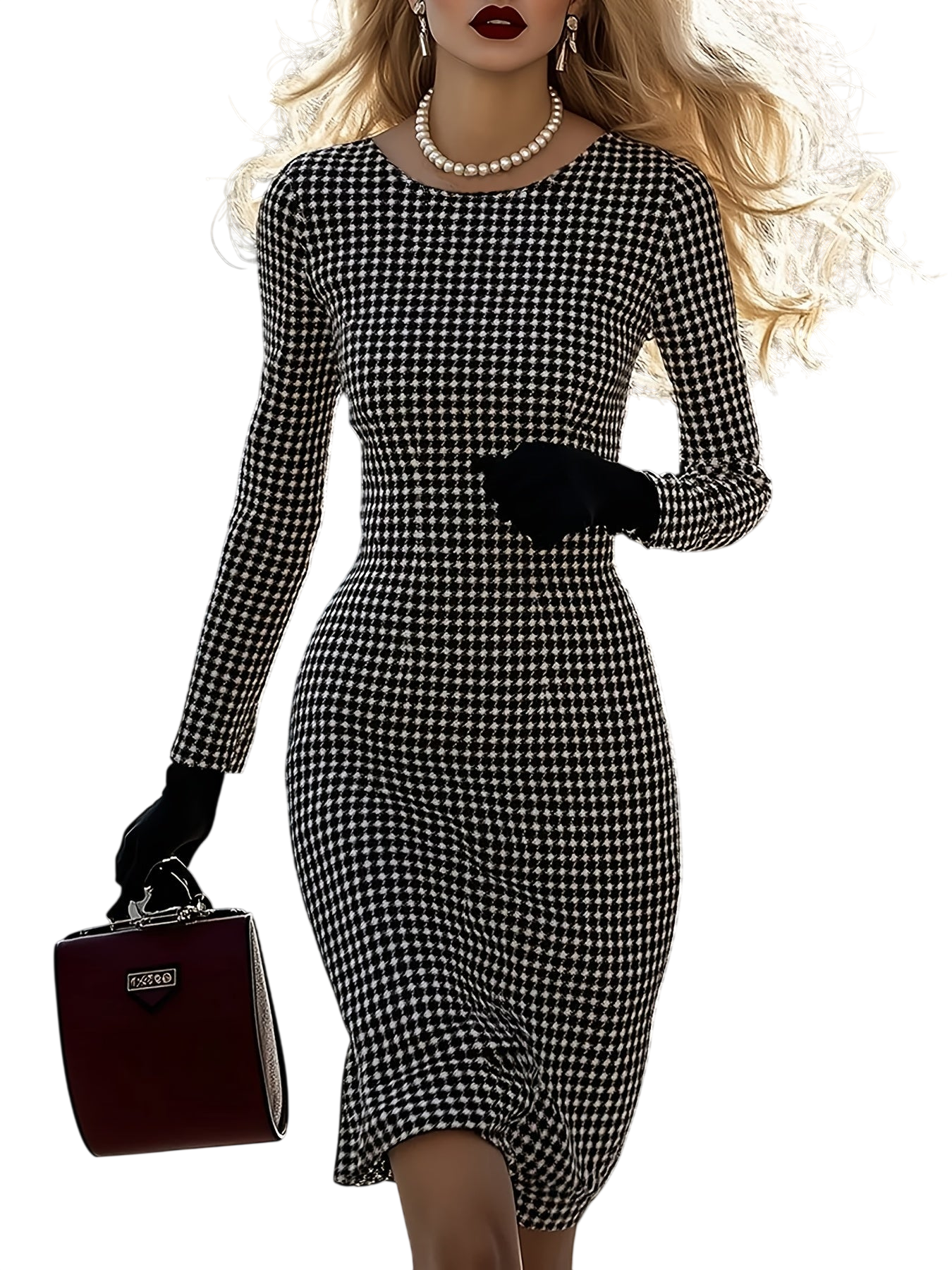 SHOWLU FASHION women's black and white houndstooth long sleeve dress with a classic pattern and tailored fit