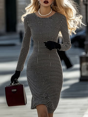 Women's Elegant Black & White Houndstooth Dress - Long Sleeve Office to party Outfit, Formal & Everyday Chic, Machine Washable Fabric for Fall/Spring Seasons, Chic Dress, Seasonal Fashion Wear, Comfortable Fit Attire