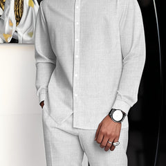Men's minimalist Business Suit, Featuring a Stand Collar Long-Sleeved Button-Up Shirt and Straight-Cut Pants, with Solid Color and Simple Design, Exuding a Minimalist and Elegant Charm, Suitable for Business Meetings and Casu