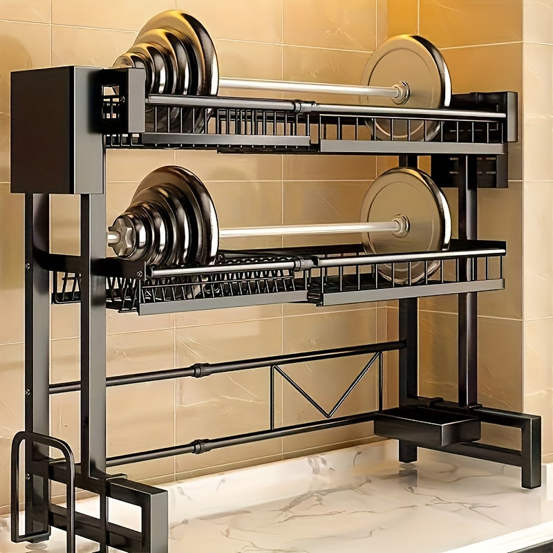 SHOWLU FASHION 2-Tier Expandable Carbon Steel Over Sink Dish Rack with draining tray and utensil holder in a modern kitchen setting