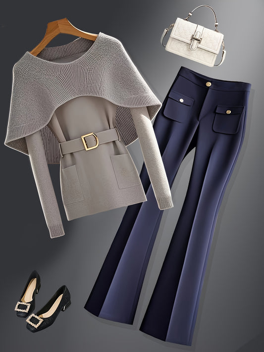 Elegant Grey Soft Polyester Crew Neck 1pc Knit Cardigan with Cape Shawl - Long Sleeve Sweater with Belt, Unique Design Solid Color Pullover for Spring/Summer/Fall - 2024 New Arrival