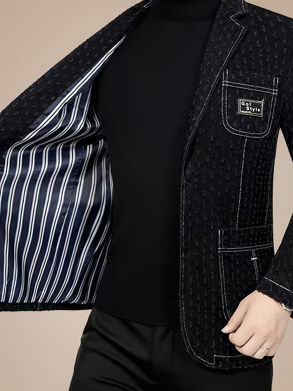 Men's denim blazer by SHOWLU FASHION STORE featuring a loose fit casual polka dot design and classic collar style.