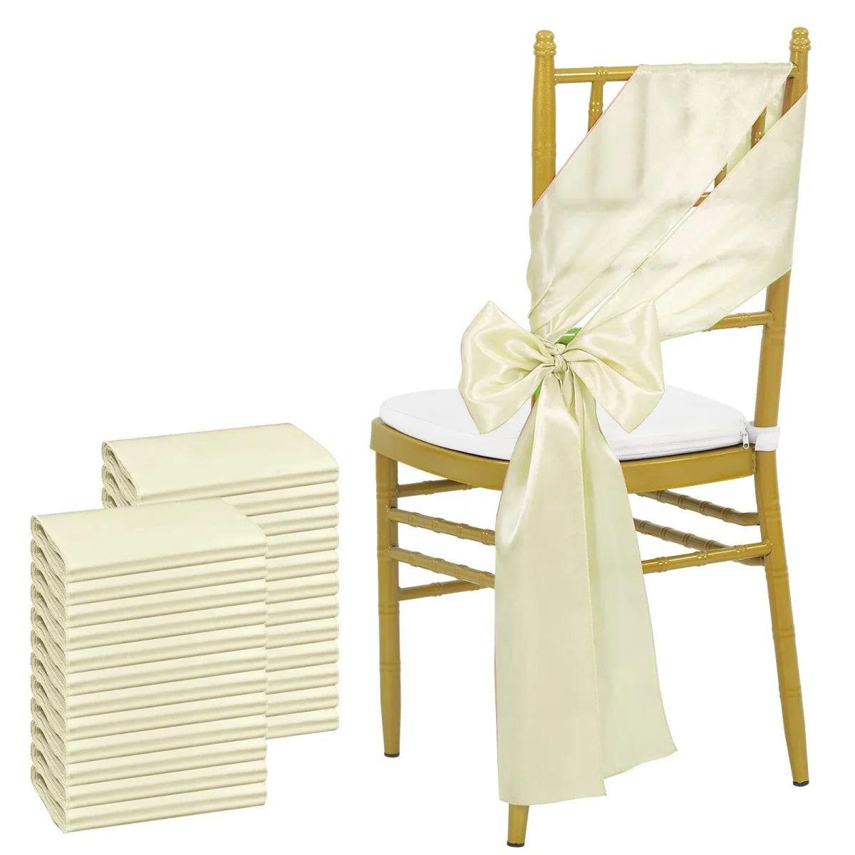 Showlu Sky Blue Satin Chair Sashes in a 24-pack, 17x275cm, elegant bows for wedding, banquet, or event decor.