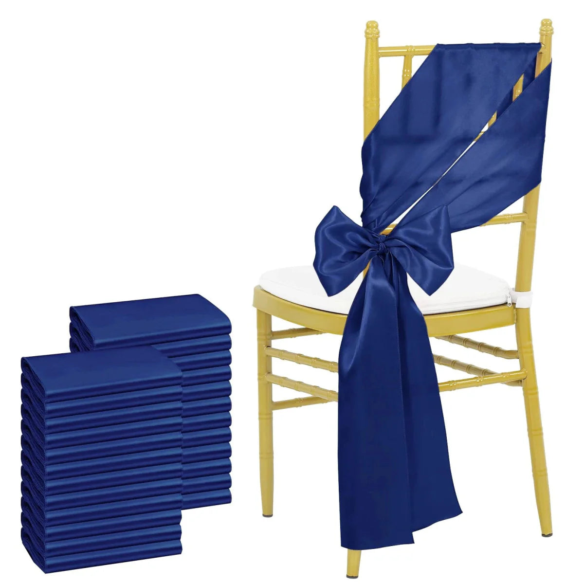 Sky blue satin chair sashes by Showlu Fashion Store, 24-pack, 17x275cm, elegant bows for wedding, banquet, and event decorations.
