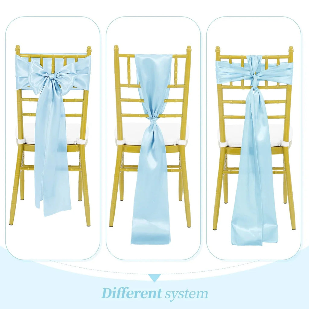 Showlu Sky Blue Satin Chair Sashes, 24-pack, elegant bows for wedding, banquet, or party decorations, 17x275cm satin ribbons.