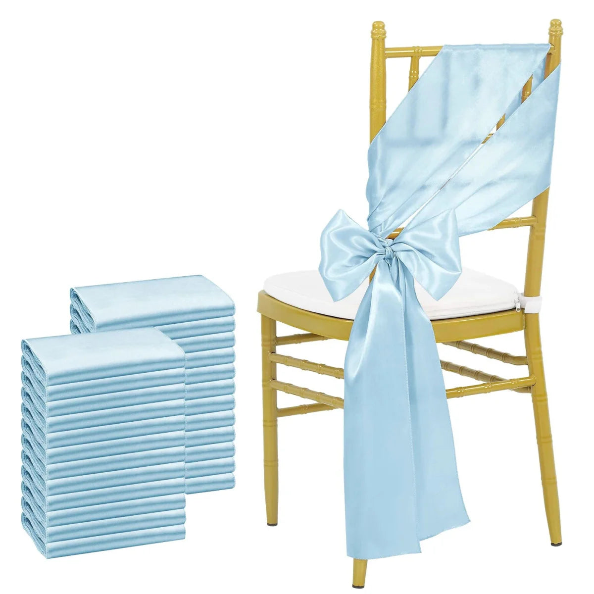Sky blue satin chair sashes by Showlu Fashion Store, 24 pack of 17x275cm bows for wedding and banquet event decor.