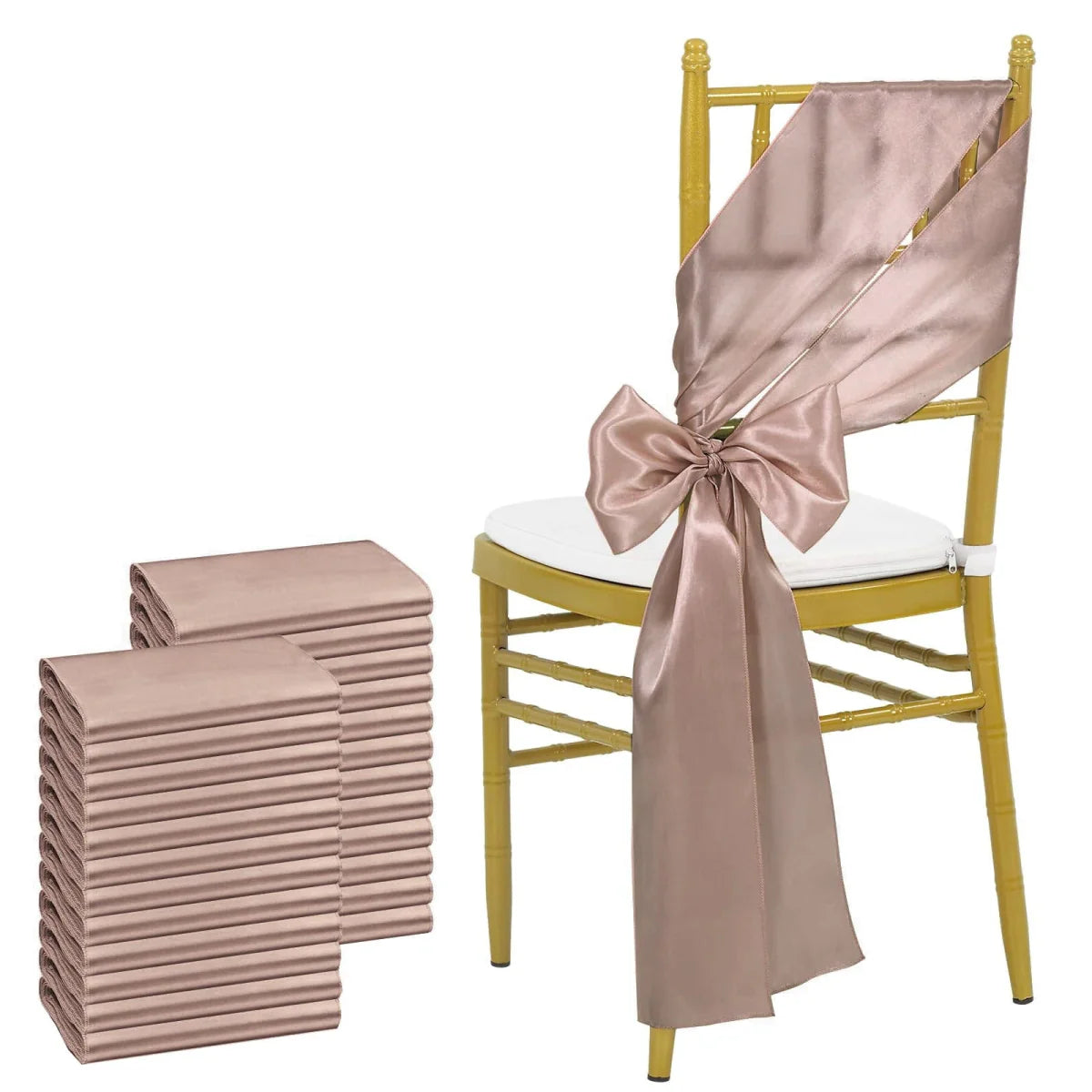 Sky blue satin chair sashes by Showlu Fashion Store, 24-pack, 17x275cm, for wedding and banquet decorations, tied in elegant bows.