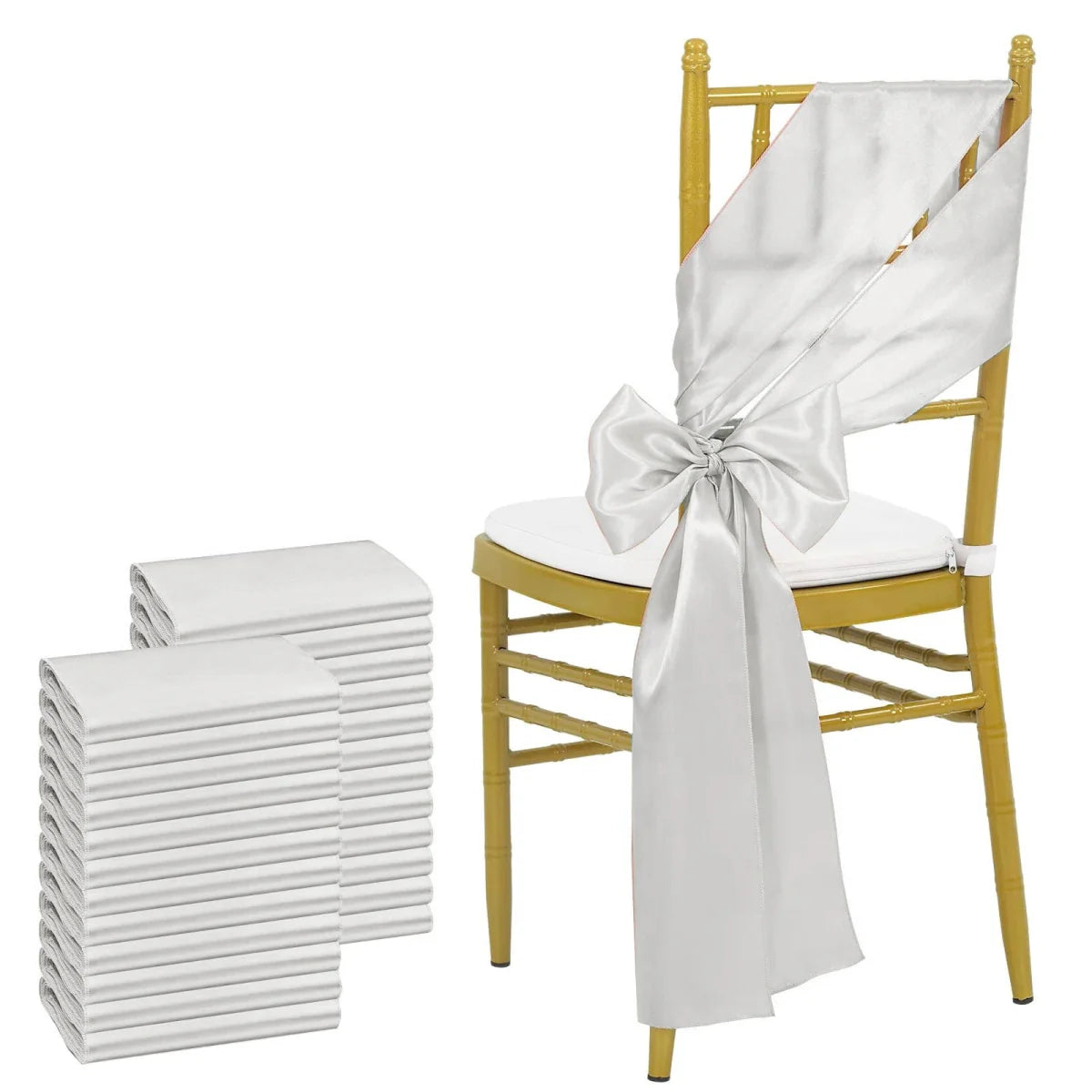 Sky blue satin chair sashes by Showlu Fashion Store, 24-pack, 17x275cm bows for wedding, banquet, or party decorations.