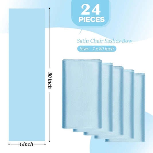 24PCS 17x275cm Sky Blue Satin Chair Sashes Bows Chair Cover Ribbons for Wedding Banquet Party Baby Shower Event Decorations - SHOWLU FASHION STORE