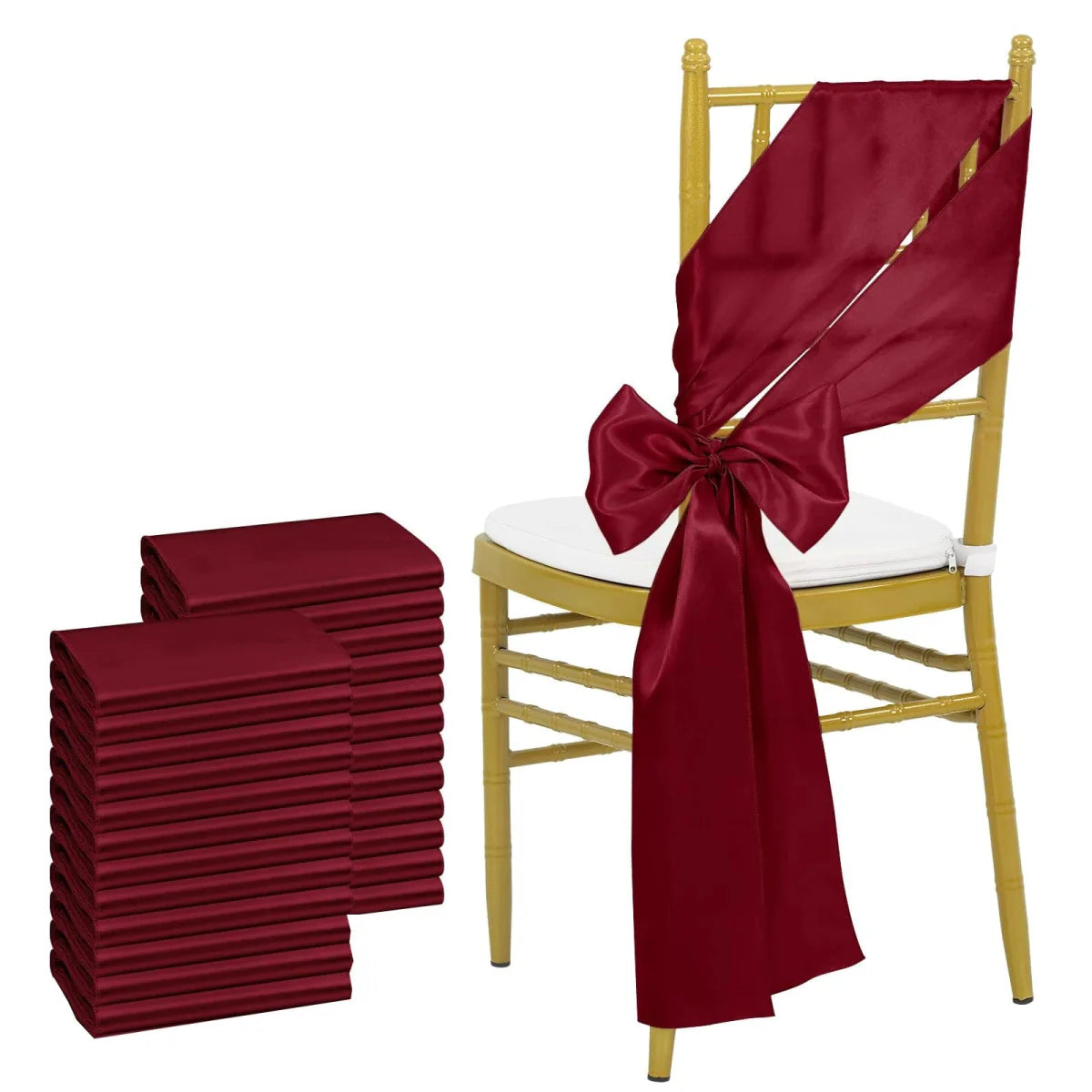 Sky blue satin chair sashes from Showlu Fashion Store, 24-pack of elegant bows for wedding and banquet event decor.