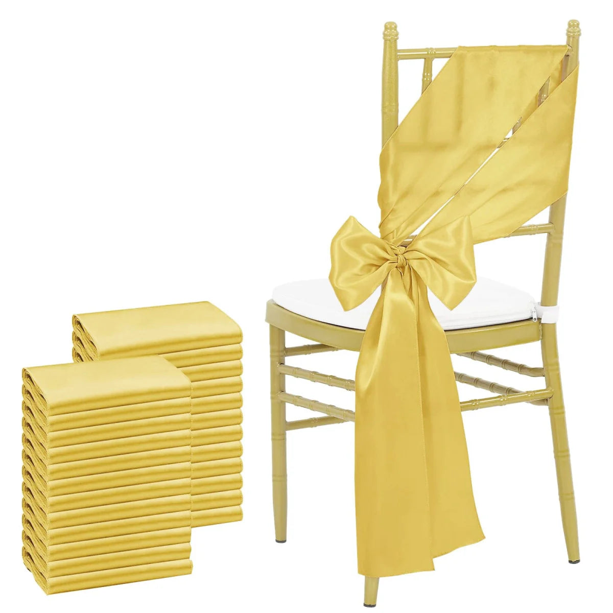 Showlu sky blue satin chair sashes in a 24-pack, 17x275cm bows for wedding, banquet, and event decorations.