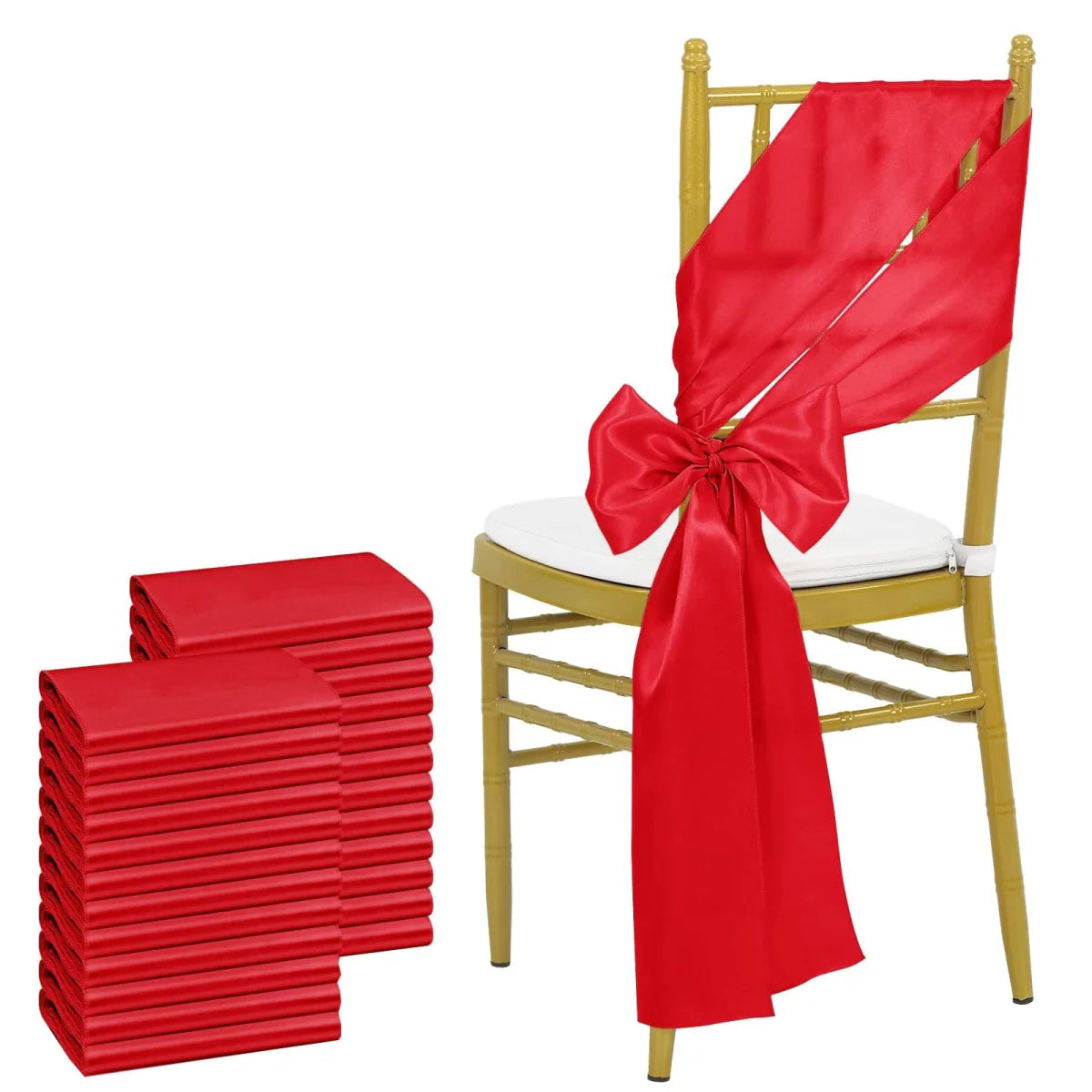 Showlu Sky Blue Satin Chair Sashes in a 24-pack, featuring elegant 17x275cm bows for wedding and event decorations.