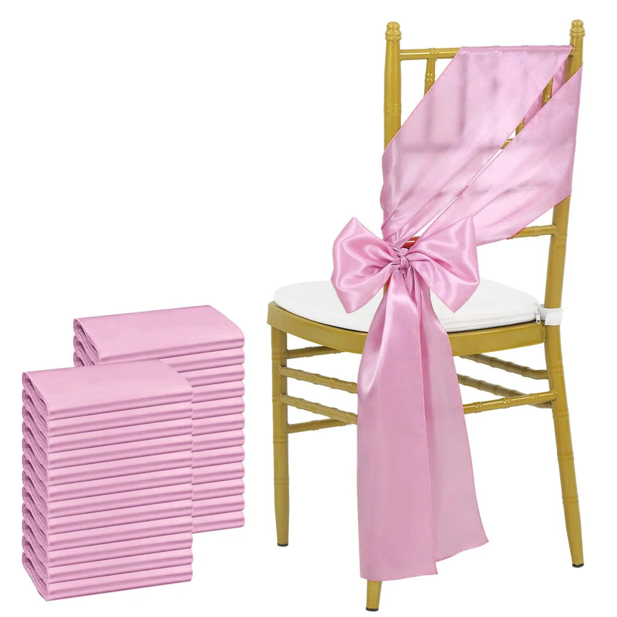 Showlu sky blue satin chair sashes, 24-pack, with bows, ideal for wedding, banquet, or event decorations.
