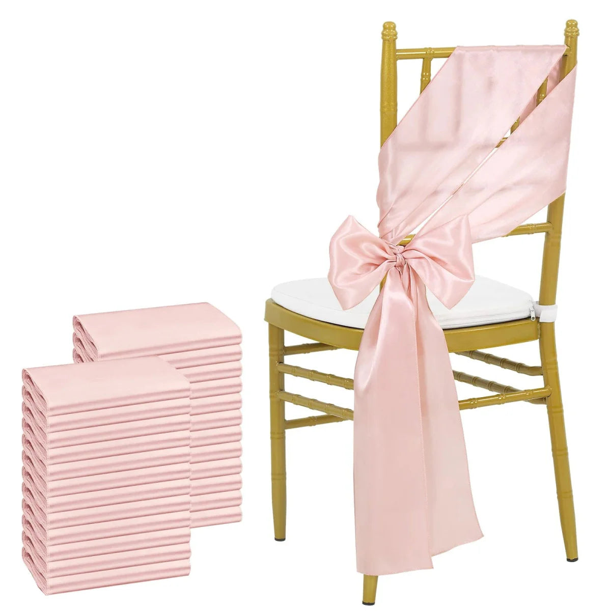 Sky blue satin chair sashes by Showlu Fashion Store, 24-pack, 17x275cm, perfect for wedding, banquet, or party decorations.