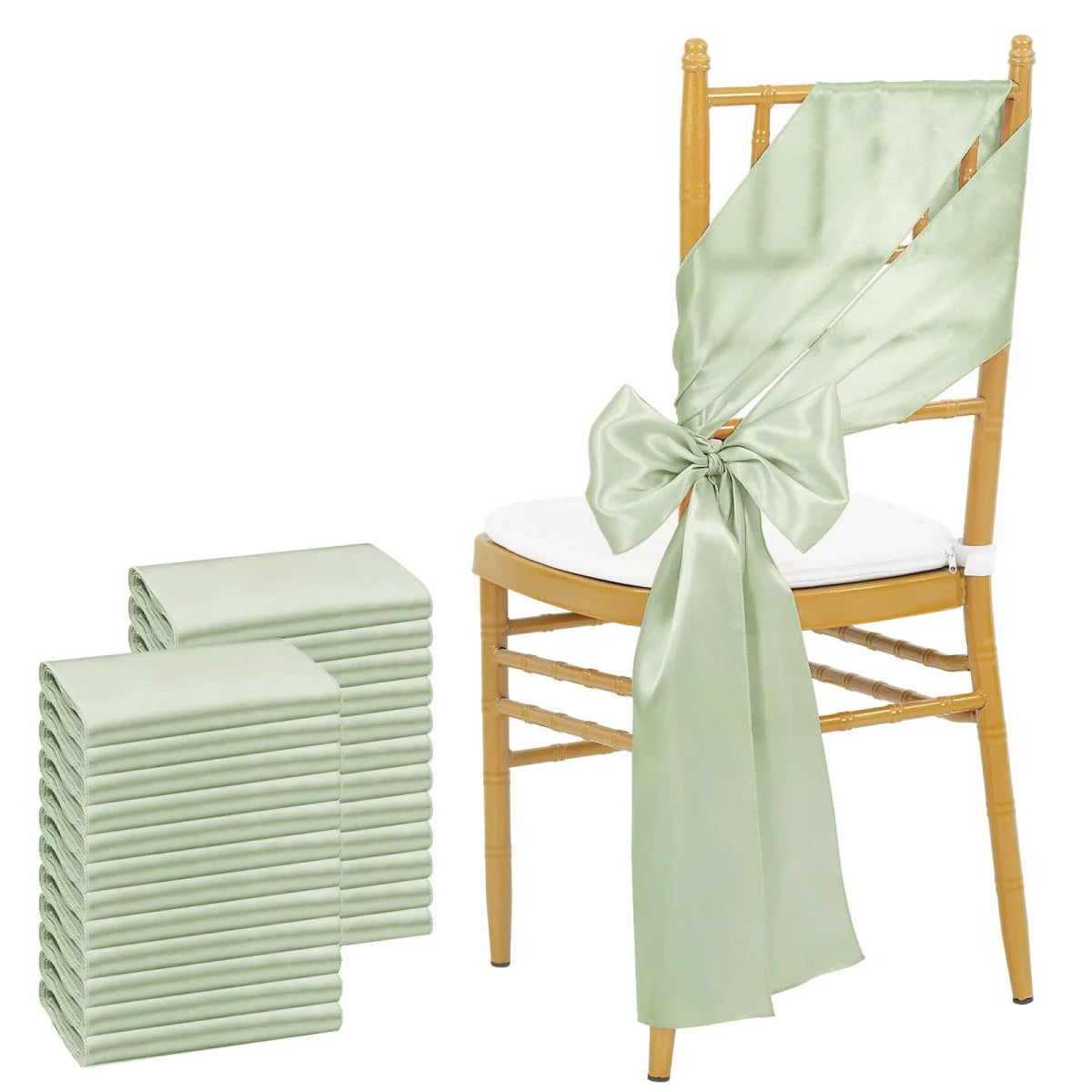 Sky blue satin chair sashes from Showlu Fashion Store, 24-pack, tied in bows for wedding, banquet, or event decorations.