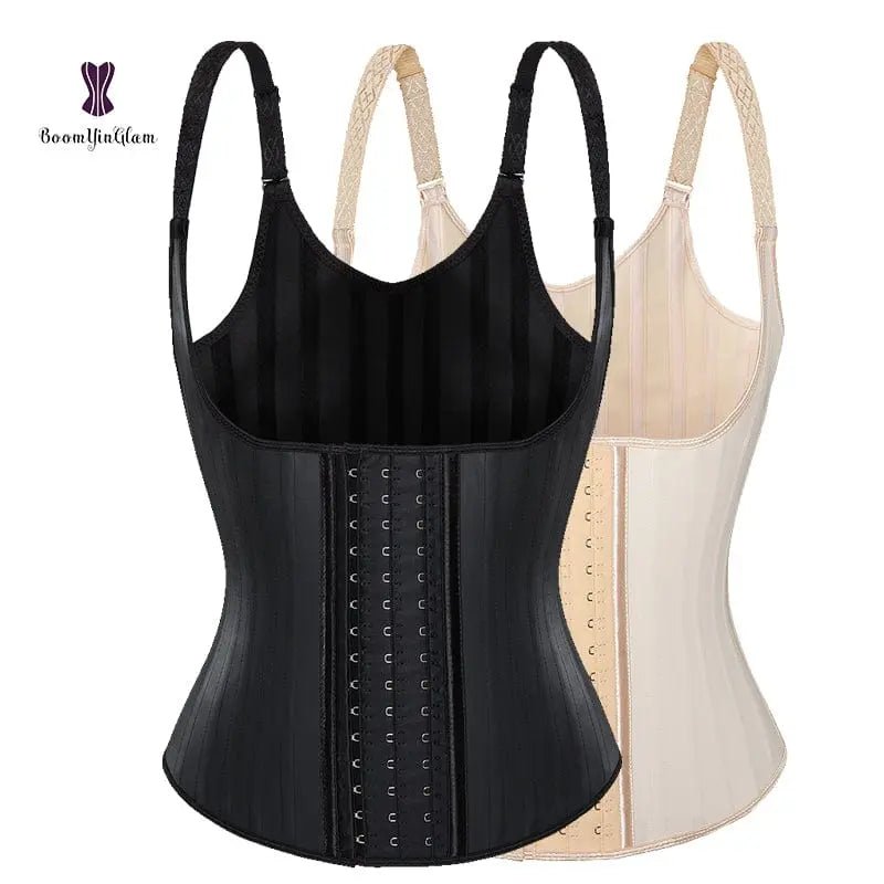 Showlu 25 steel-boned latex waist trainer with hook closures, breathable shapewear corset for women, Colombian fajas style.