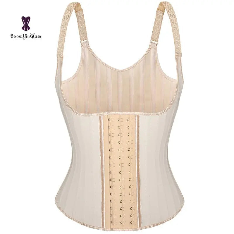 Showlu 25 steel-boned latex waist trainer with hook closures, breathable Colombian shapewear for waist shaping and support.