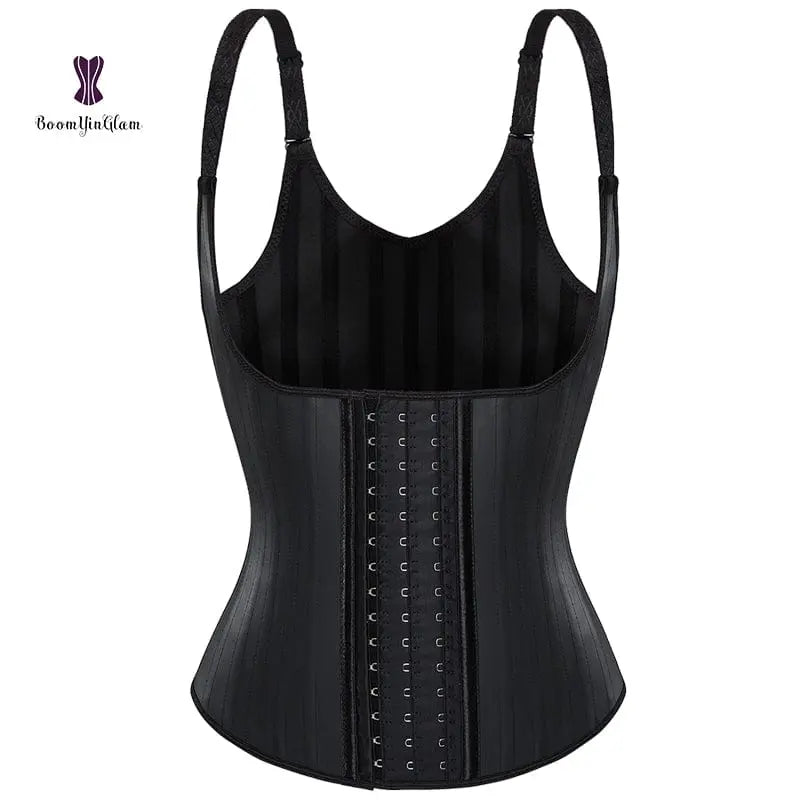 Showlu 25 Steel Boned Latex Waist Trainer with hooks, breathable Colombian fajas, shaping corset vest for women, black and smooth.