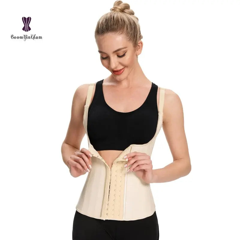 Steel boned latex waist trainer by Showlu Fashion Store, breathable Colombian shapewear with 25 steel bones and hook closures.