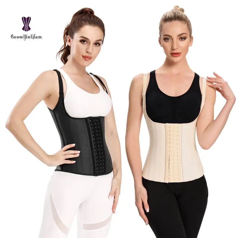 Showlu 25 steel-boned latex waist trainer with hooks, breathable Colombian shapewear corset vest for women, black and form-fitting.