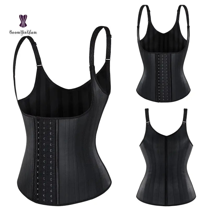 Showlu 25 steel-boned latex waist trainer with hooks, breathable Colombian shapewear for women, designed for waist shaping and support.
