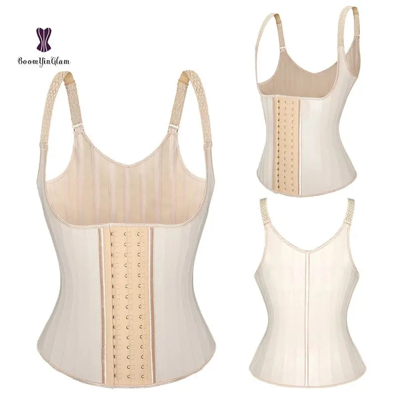 Showlu 25 steel-boned latex waist trainer with three hooks, breathable Colombian shapewear for waist shaping and support.