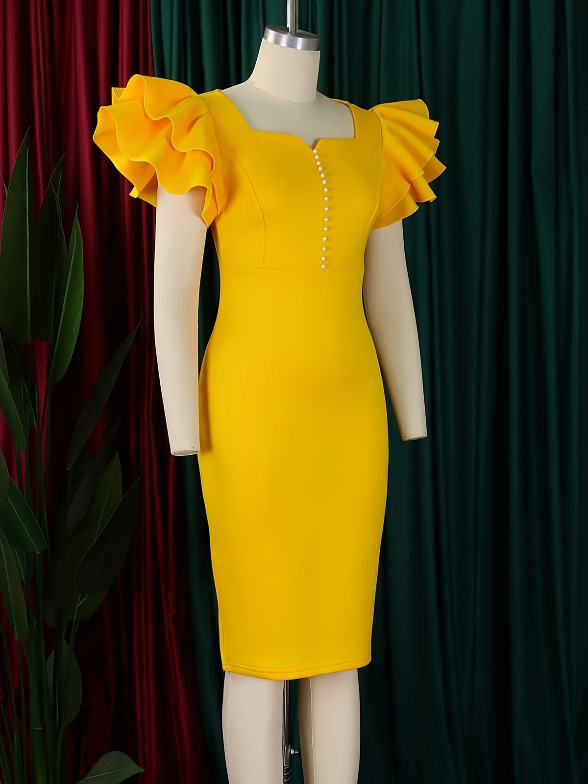 SHOWLU FASHION square neck ruffle sleeve bodycon midi dress, stylish party dress with fitted silhouette and elegant design.